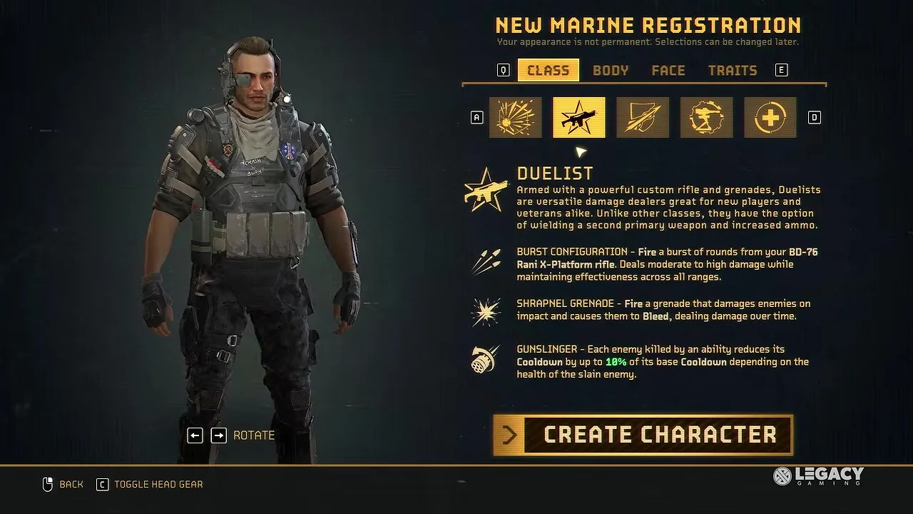 New Marine Registration — Duelist class select UI
