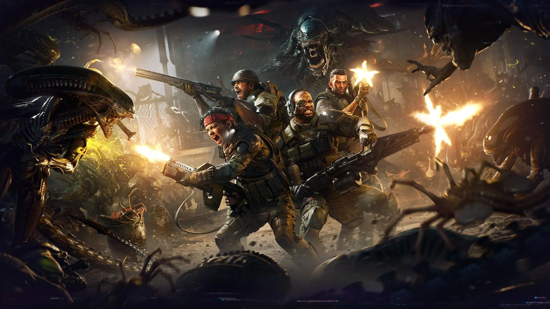 Aliens: Fireteam Elite 2 — four Colonial Marines surrounded by Xenomorphs